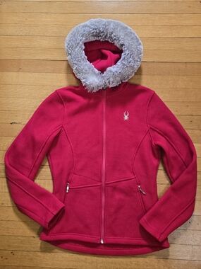 Spyder, Red Knit Faux Fur Trim Full Zip Hooded Jacket, EUC, Women's M